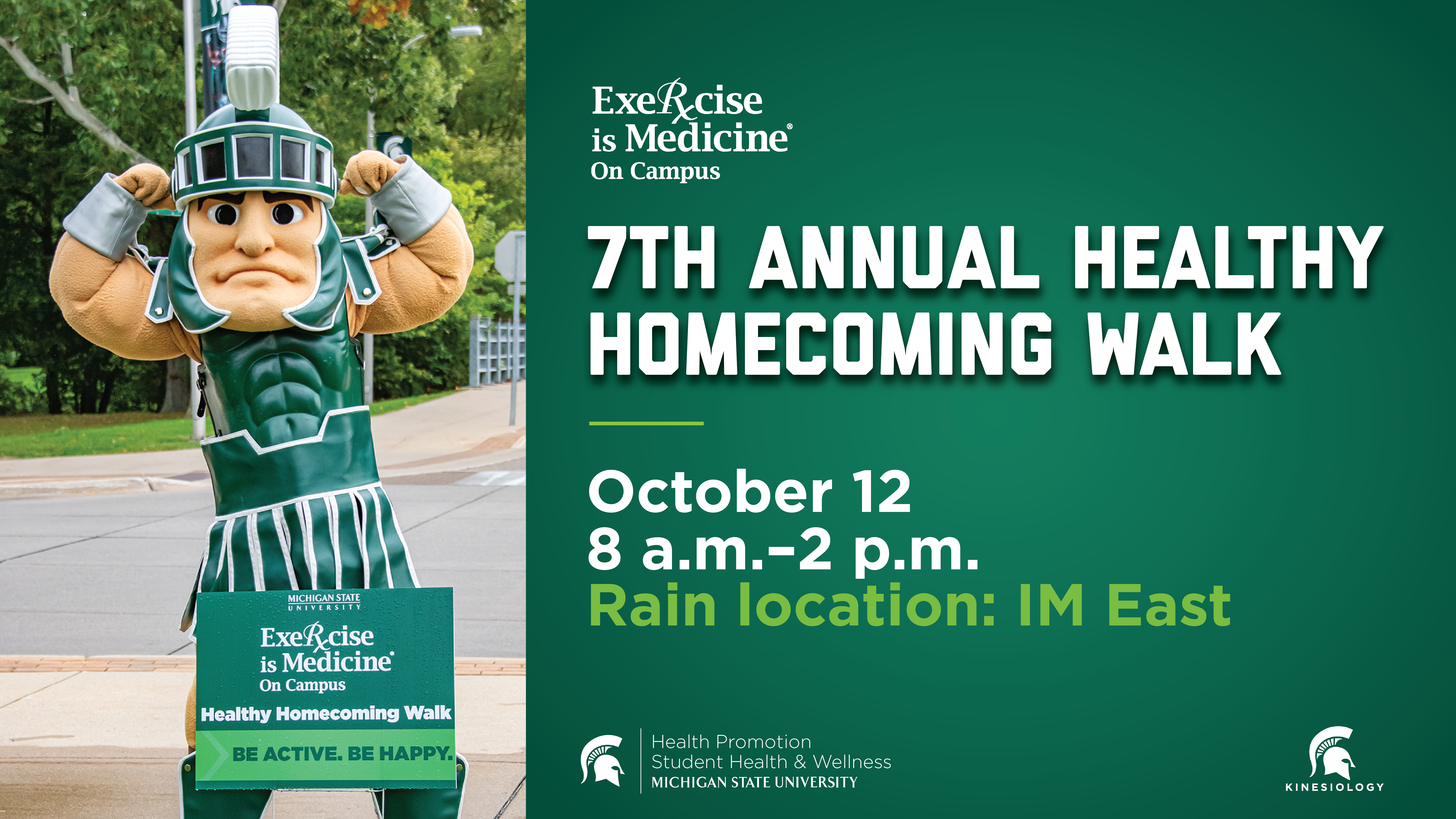 Sparty flexes his muscles on a sunny day. Text gives event details for the 7th Annual Healthy Homecoming Walk