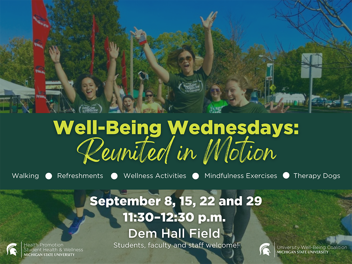Text: Well-Being Wednesdays: Reunited In Motion over students jumping outside.